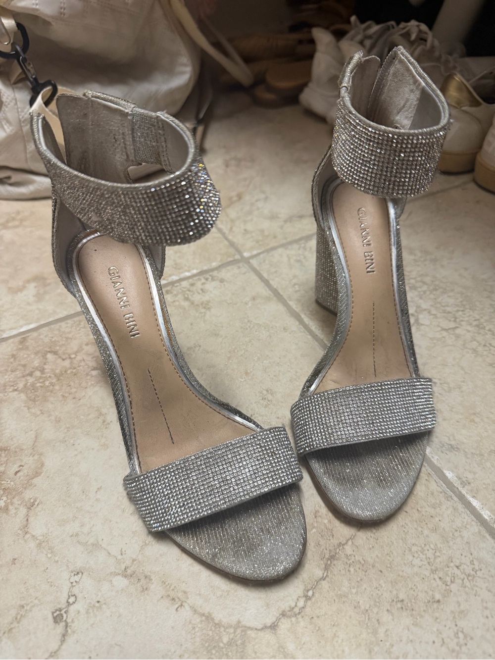 Gianni Bini Silver Crystal-Embellished Block Heels